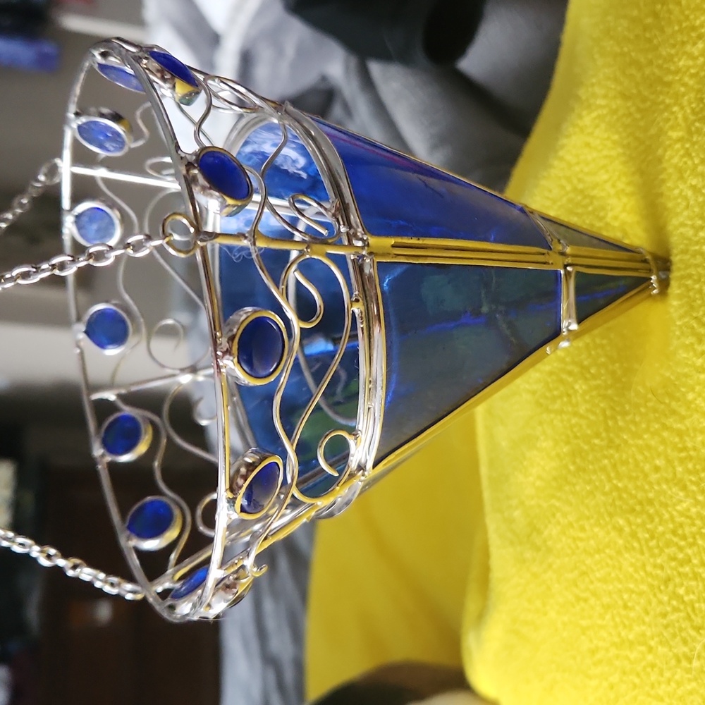 Intricate hanging sconce 6 + 6 "silver" rimmed panels + 12 blue bubble accents